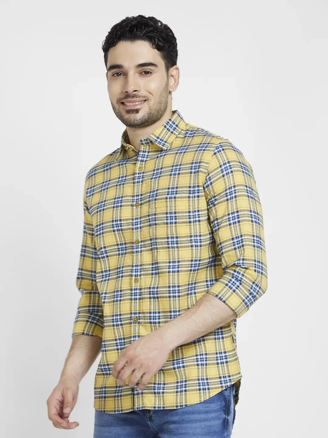 Spykar Men Yellow Cotton Regular Slim Fit Full Sleeve Checkered Shirt