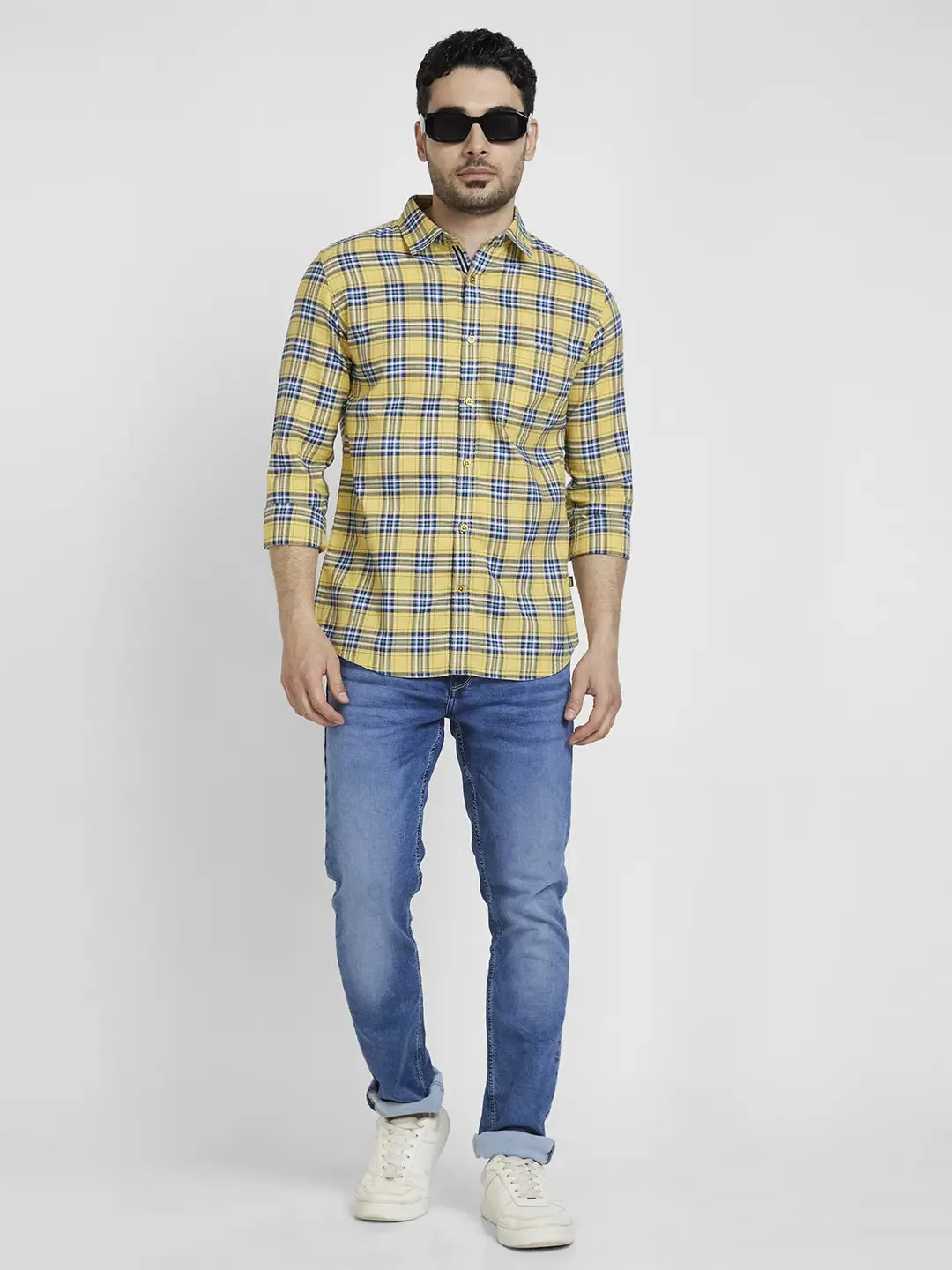 Spykar Men Yellow Cotton Regular Slim Fit Full Sleeve Checkered Shirt