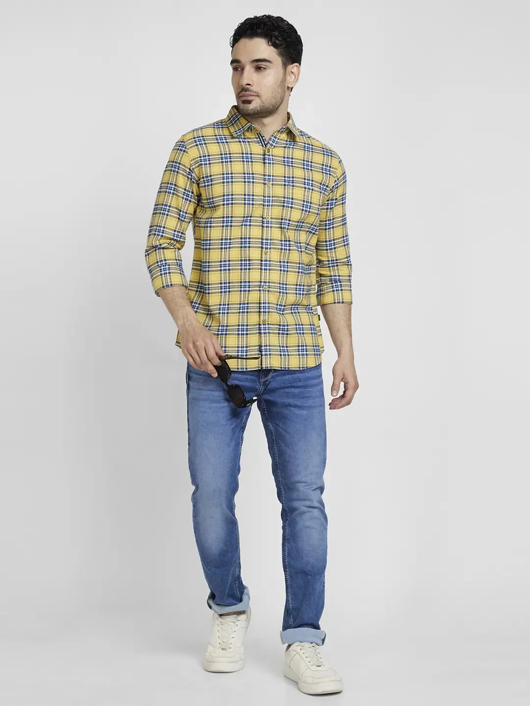 Spykar Men Yellow Cotton Regular Slim Fit Full Sleeve Checkered Shirt