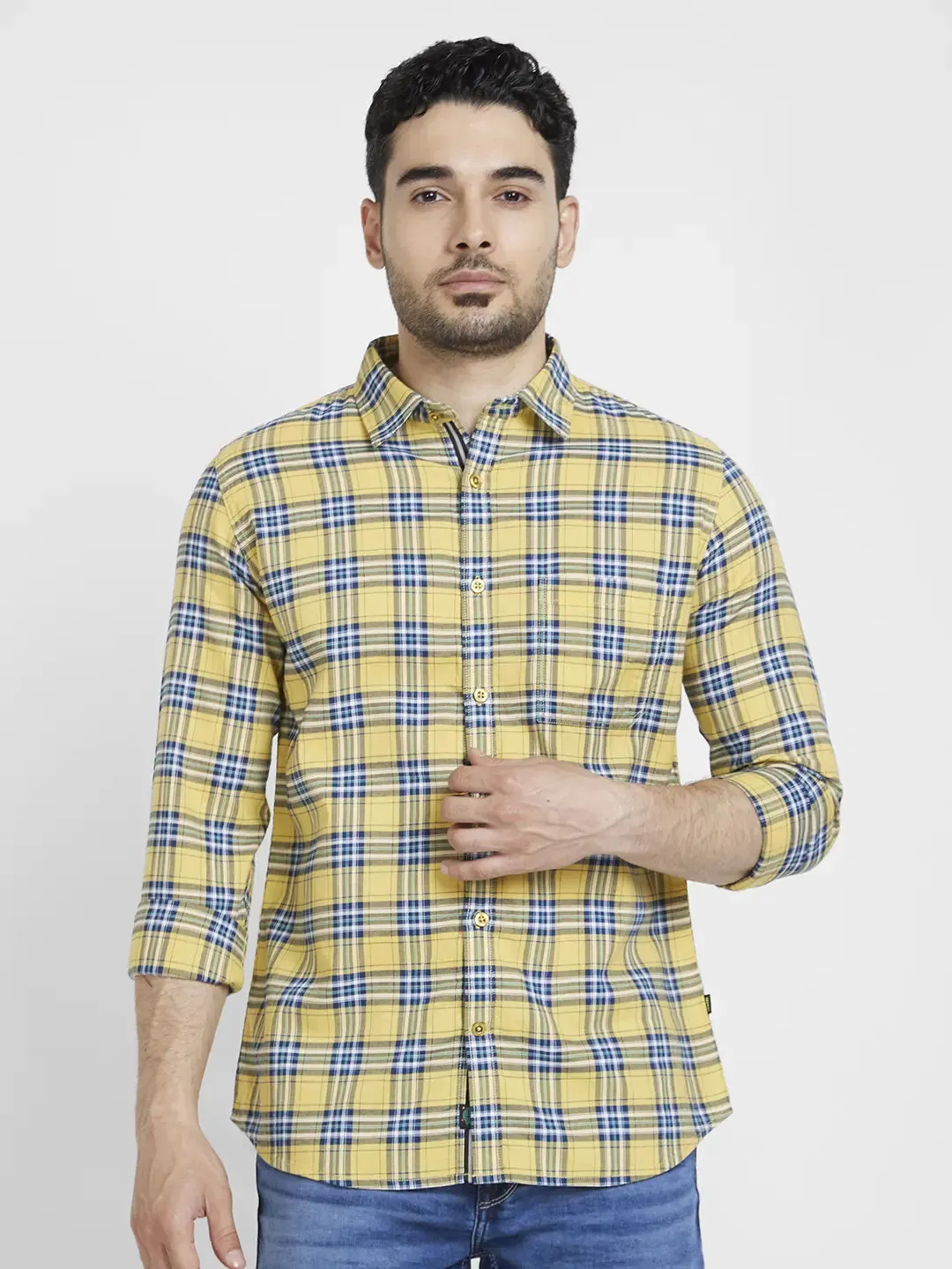 Spykar Men Yellow Cotton Regular Slim Fit Full Sleeve Checkered Shirt