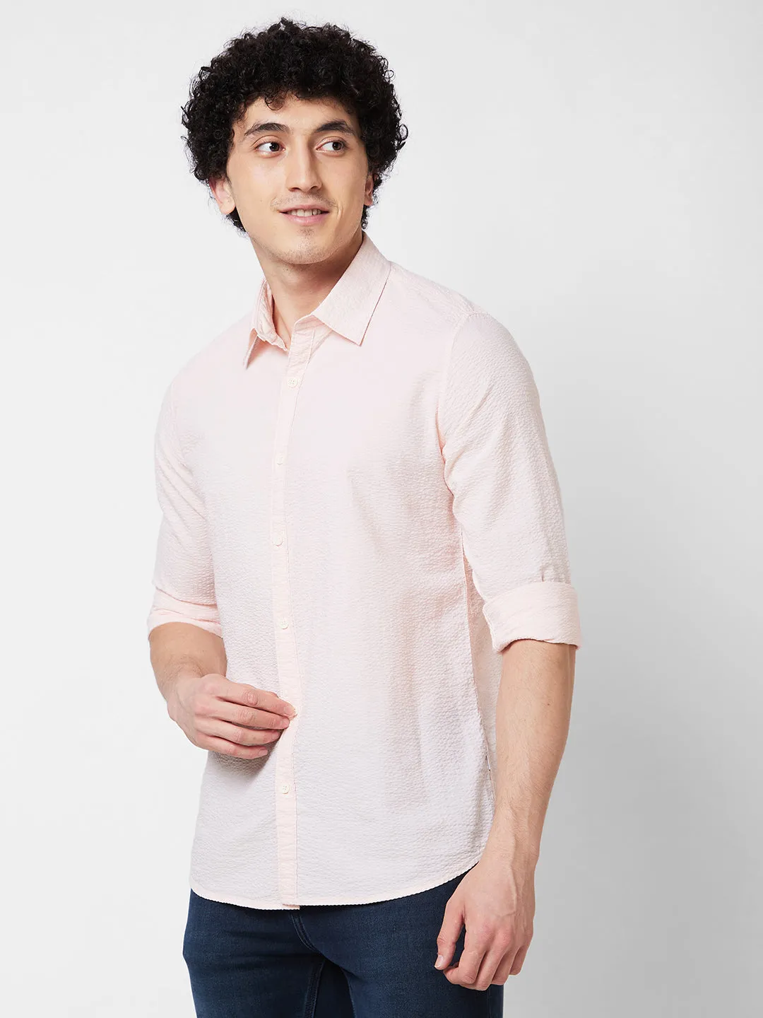 Spykar Peach SOLID FULL SLEEVE Shirt For Men