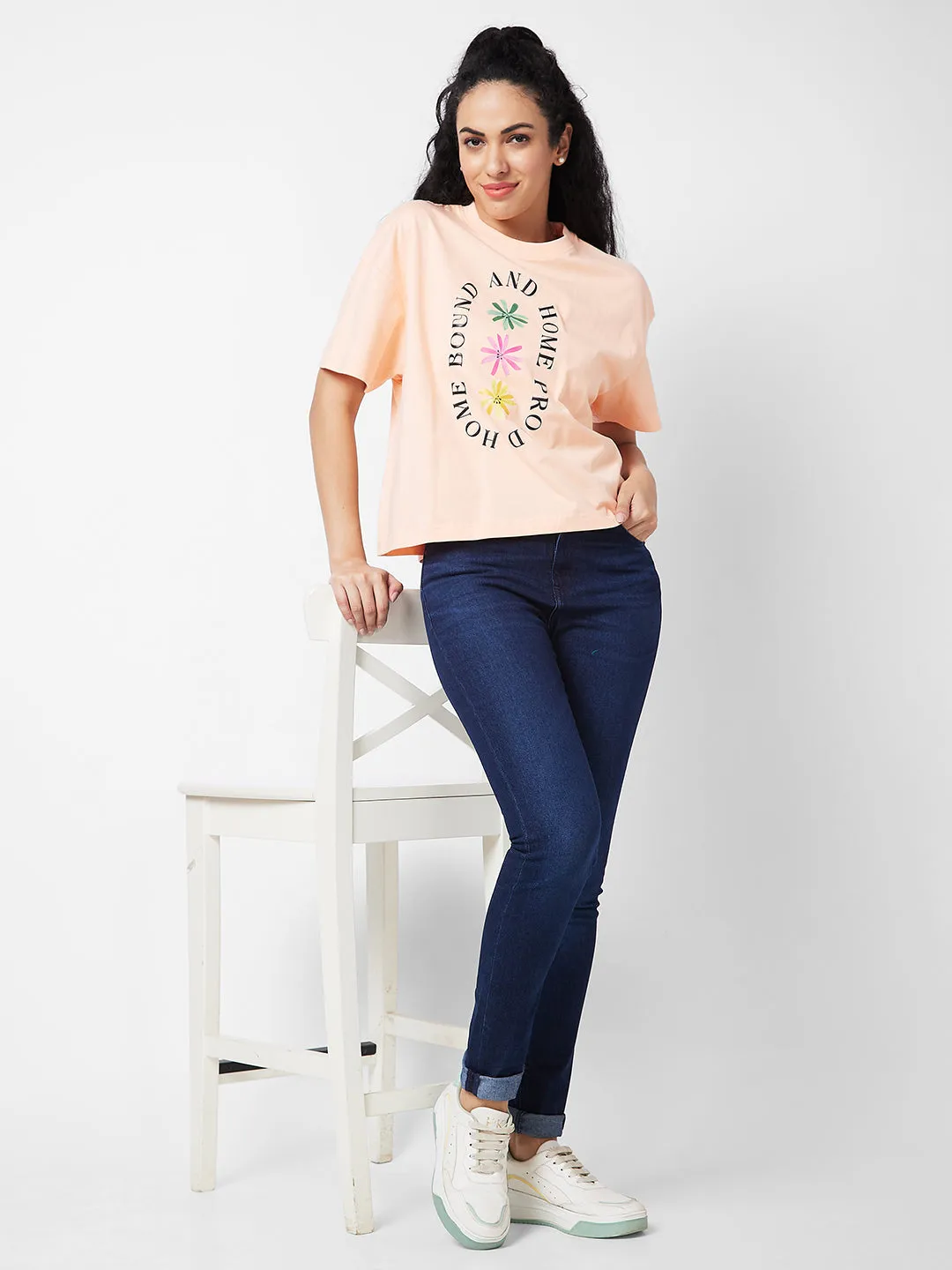 Spykar Round Neck Half Sleeves Peach T-shirt  For Women