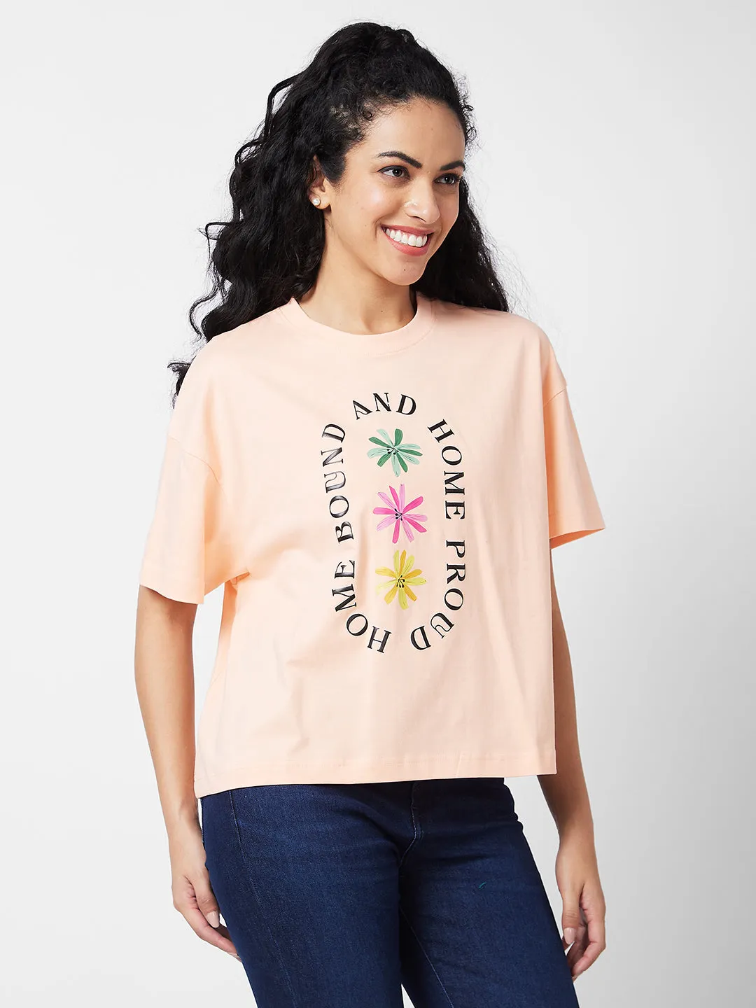 Spykar Round Neck Half Sleeves Peach T-shirt  For Women