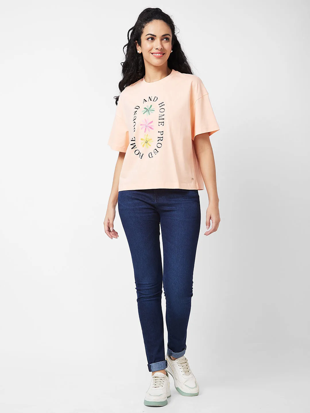 Spykar Round Neck Half Sleeves Peach T-shirt  For Women