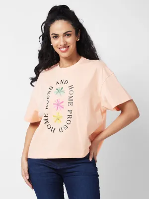 Spykar Round Neck Half Sleeves Peach T-shirt  For Women