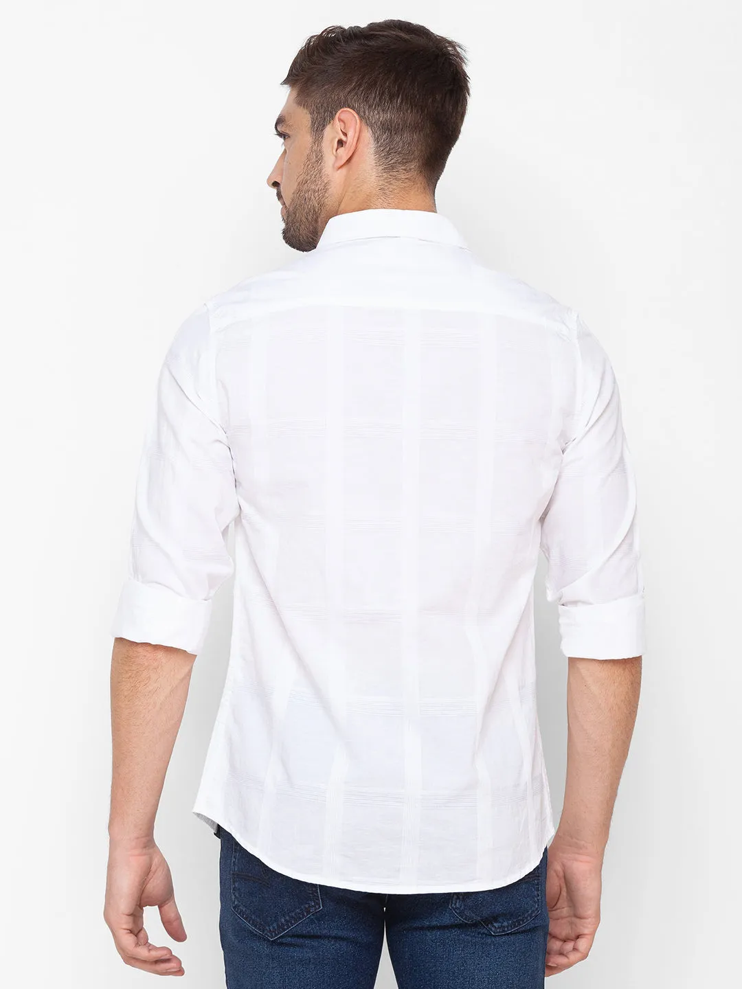 Spykar White Cotton Full Sleeve Plain Shirt For Men