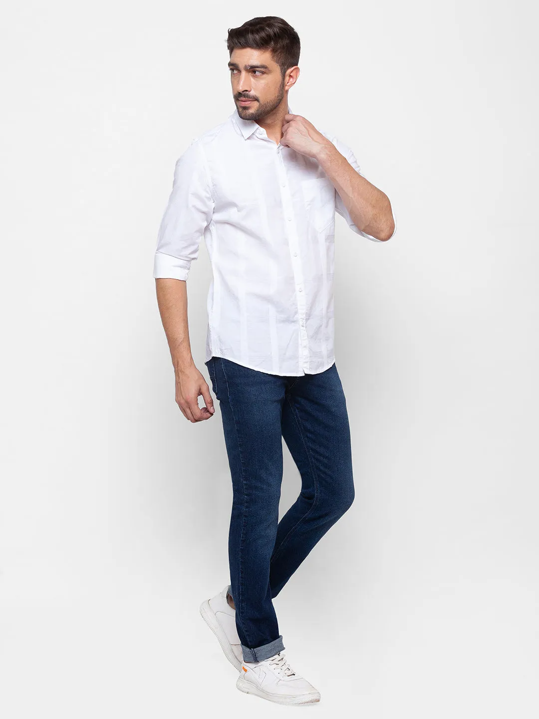 Spykar White Cotton Full Sleeve Plain Shirt For Men