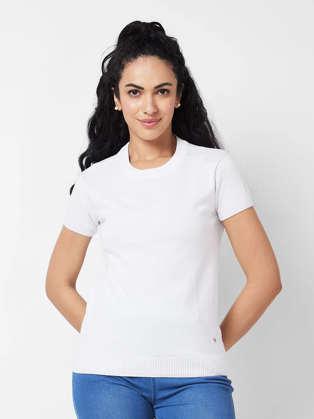 Spykar WHITE ROUND NECK Flat Knit T-shirt For Women