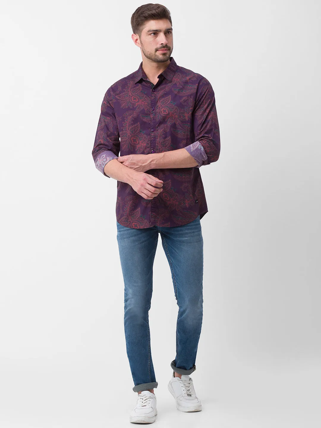 Spykar Wine Red Cotton Full Sleeve Printed Shirt For Men