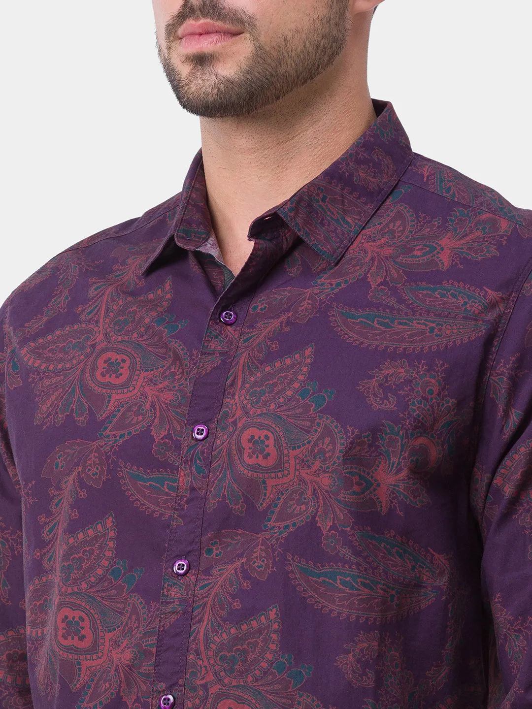 Spykar Wine Red Cotton Full Sleeve Printed Shirt For Men