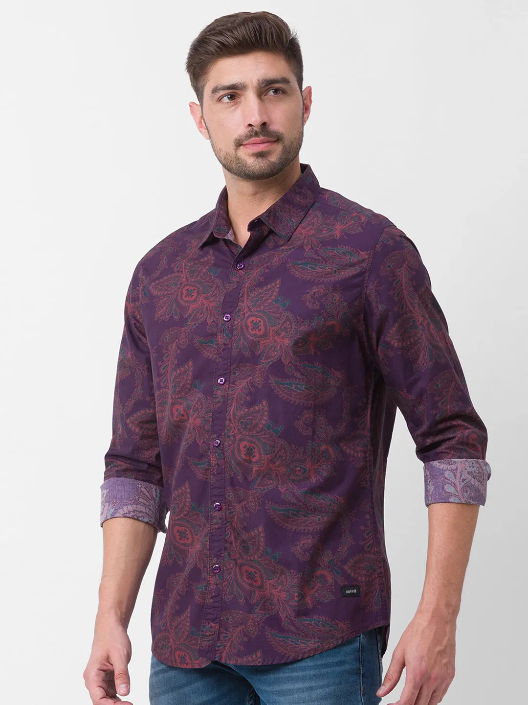 Spykar Wine Red Cotton Full Sleeve Printed Shirt For Men