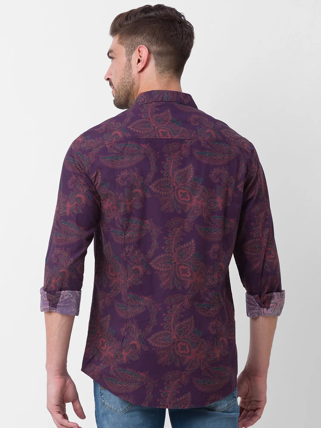 Spykar Wine Red Cotton Full Sleeve Printed Shirt For Men