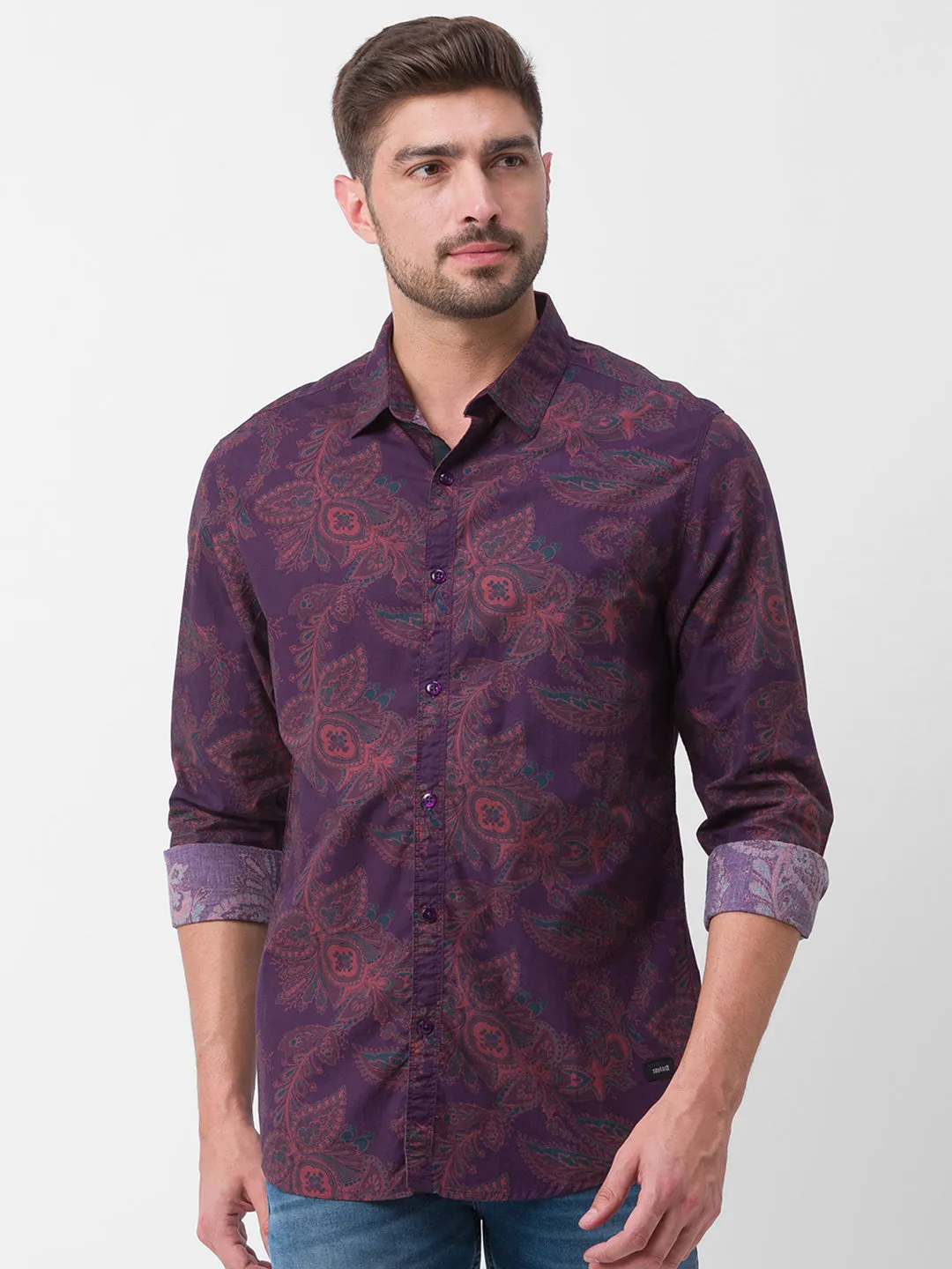 Spykar Wine Red Cotton Full Sleeve Printed Shirt For Men