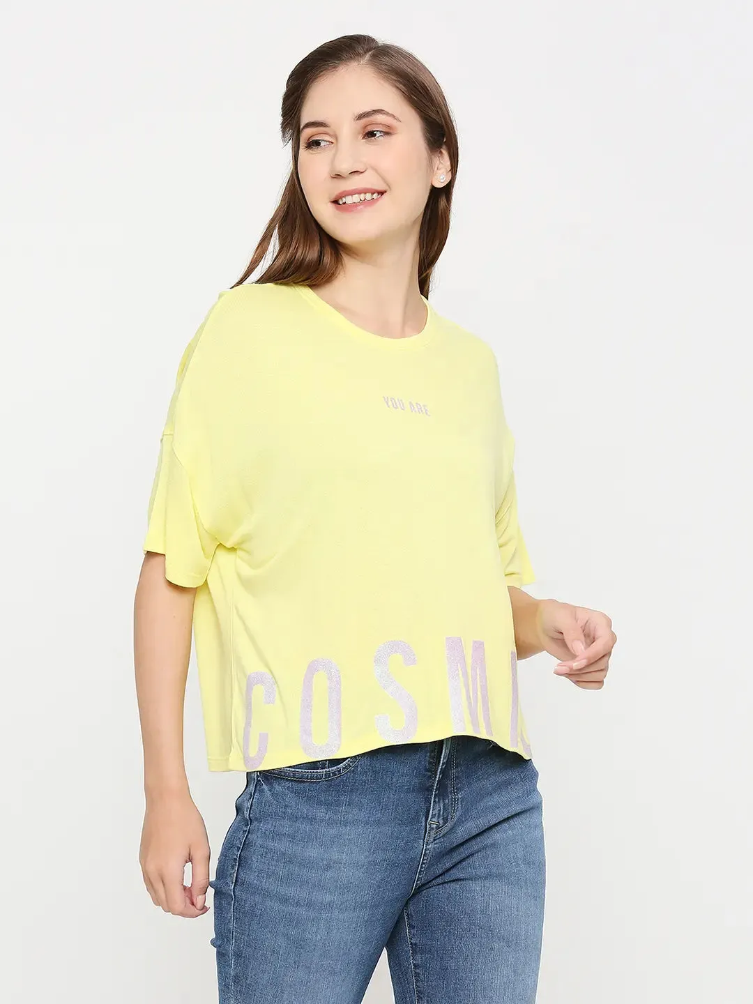 Spykar Women Lime Yellow Cotton Regular Fit Round Neck Printed T-Shirts