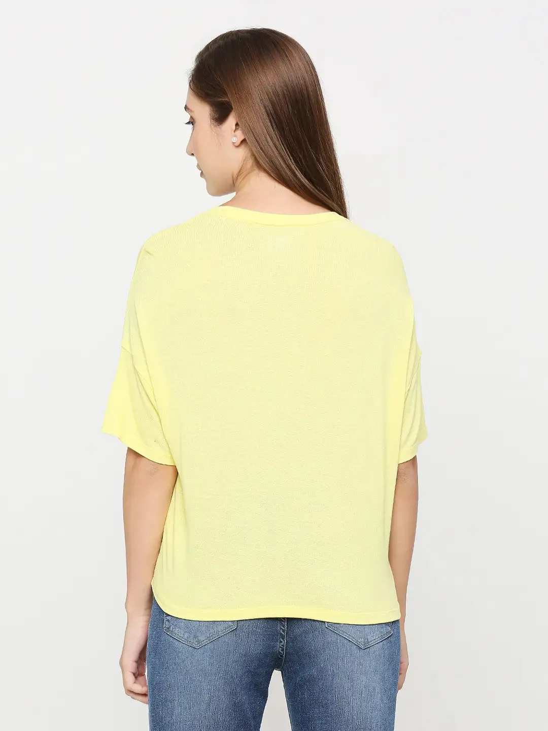 Spykar Women Lime Yellow Cotton Regular Fit Round Neck Printed T-Shirts