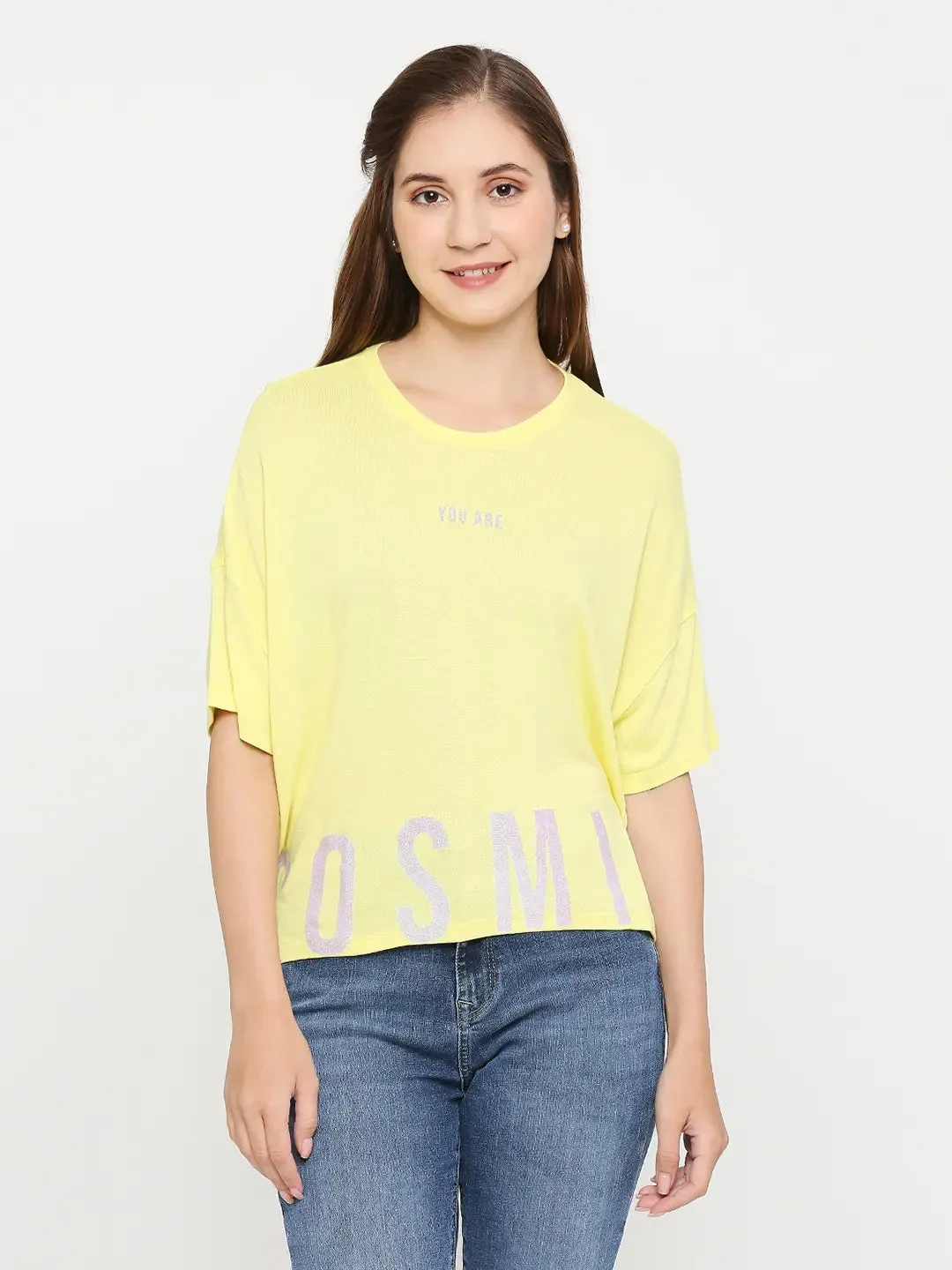 Spykar Women Lime Yellow Cotton Regular Fit Round Neck Printed T-Shirts