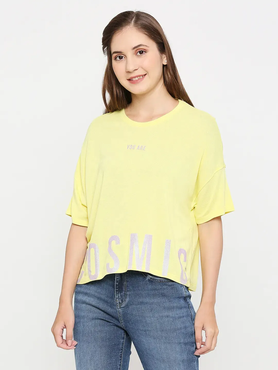 Spykar Women Lime Yellow Cotton Regular Fit Round Neck Printed T-Shirts