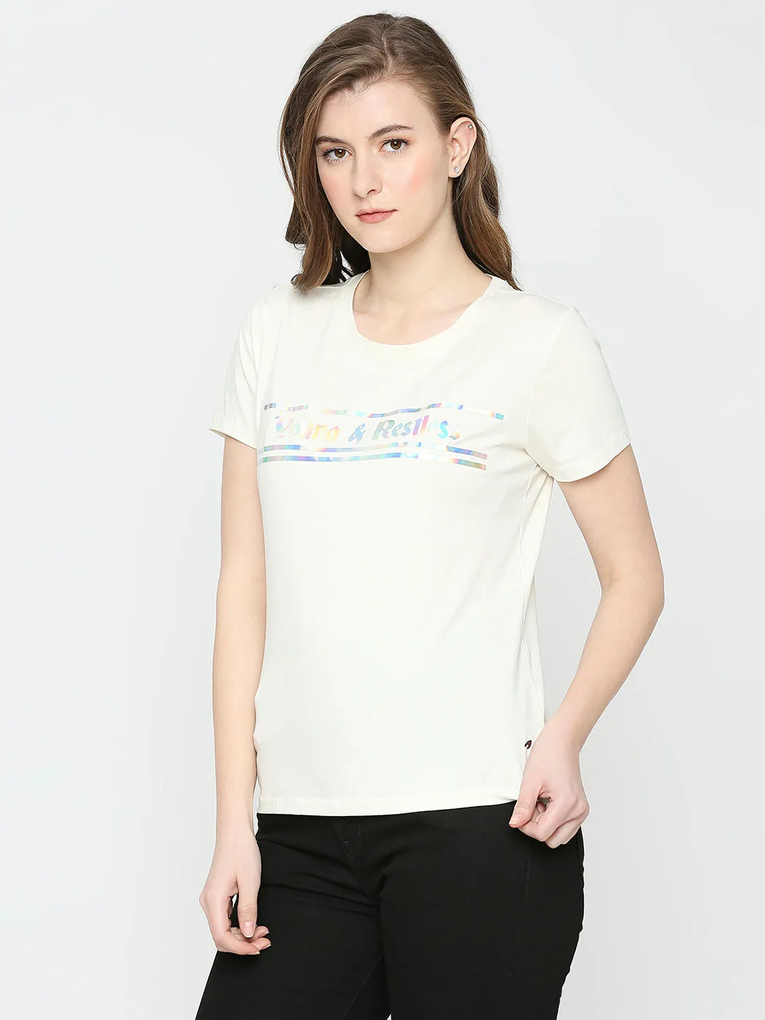 Spykar Women Off White Blended Slim Fit Printed T-Shirts