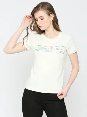 Spykar Women Off White Blended Slim Fit Printed T-Shirts