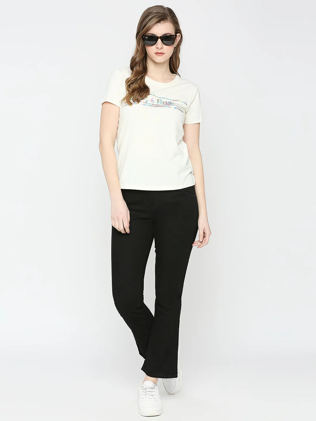 Spykar Women Off White Blended Slim Fit Printed T-Shirts