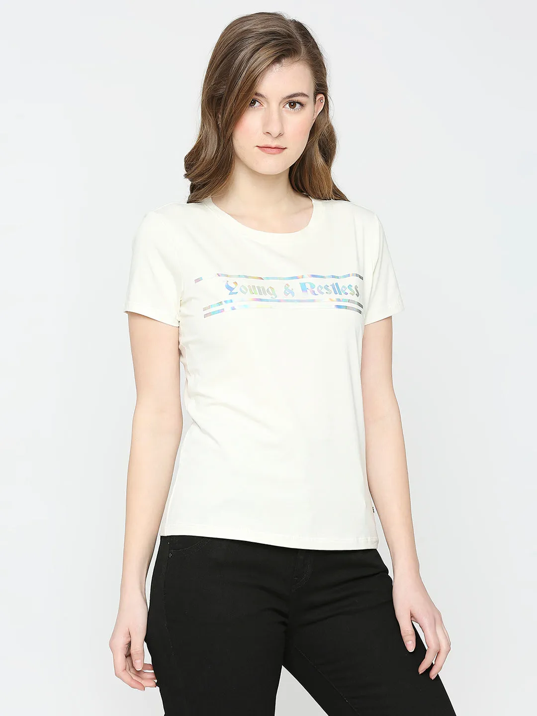 Spykar Women Off White Blended Slim Fit Printed T-Shirts