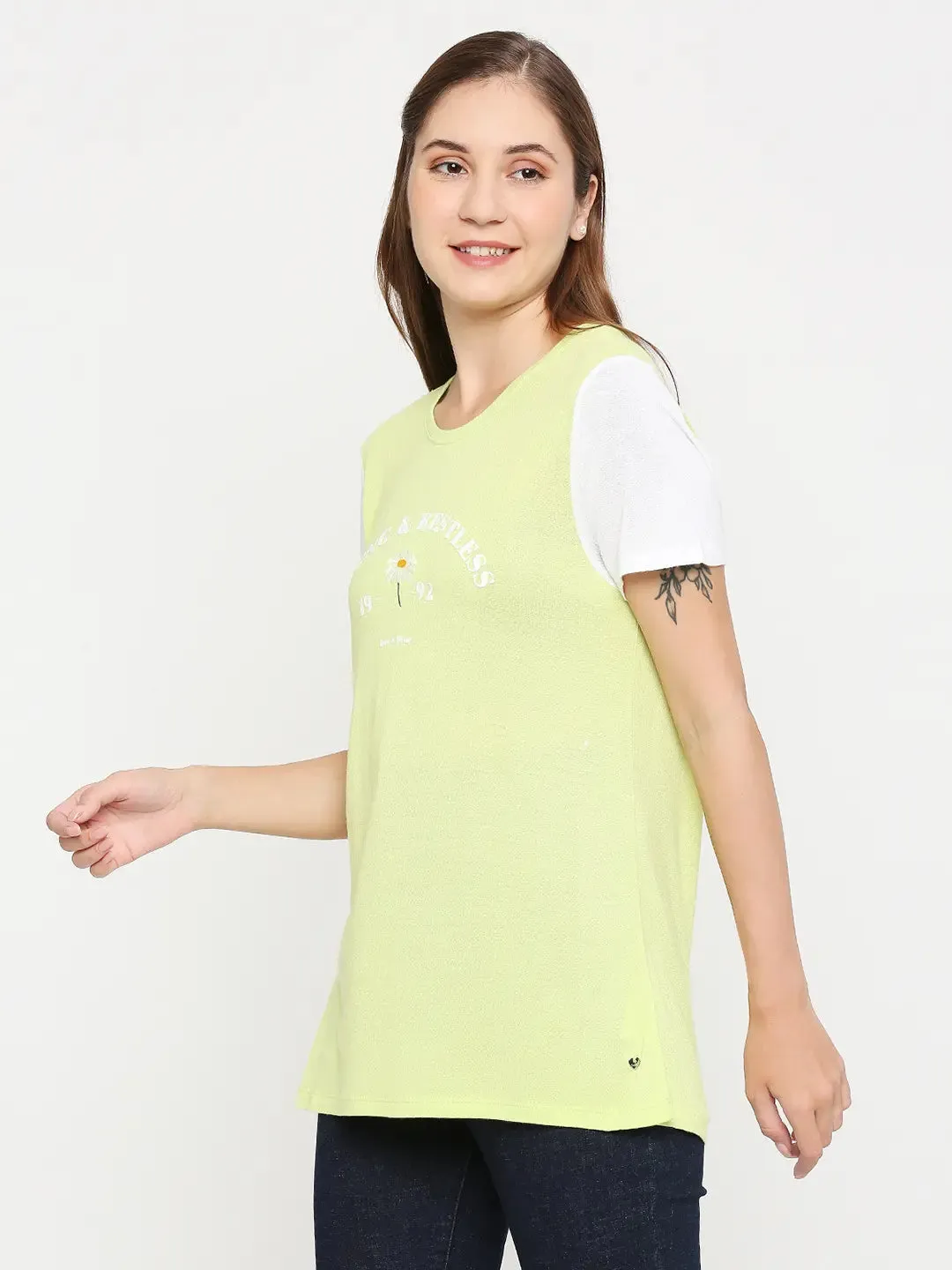 Spykar Women Pea Green Cotton Regular Fit Round Neck Printed T-Shirts