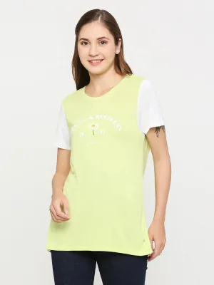 Spykar Women Pea Green Cotton Regular Fit Round Neck Printed T-Shirts