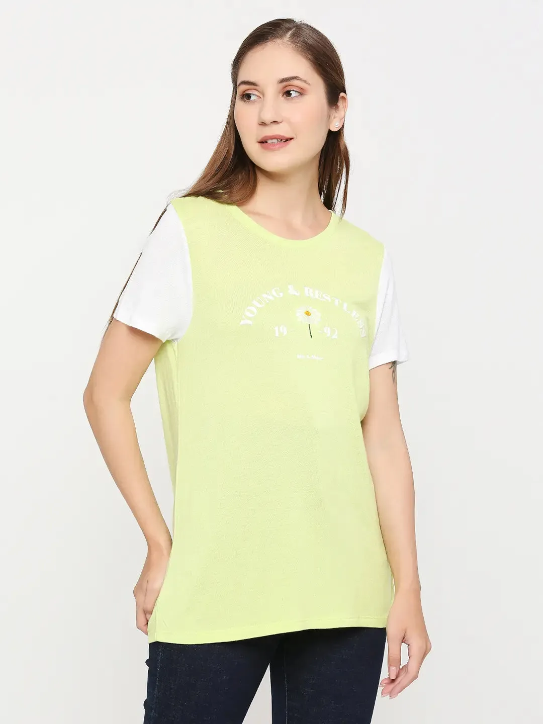 Spykar Women Pea Green Cotton Regular Fit Round Neck Printed T-Shirts