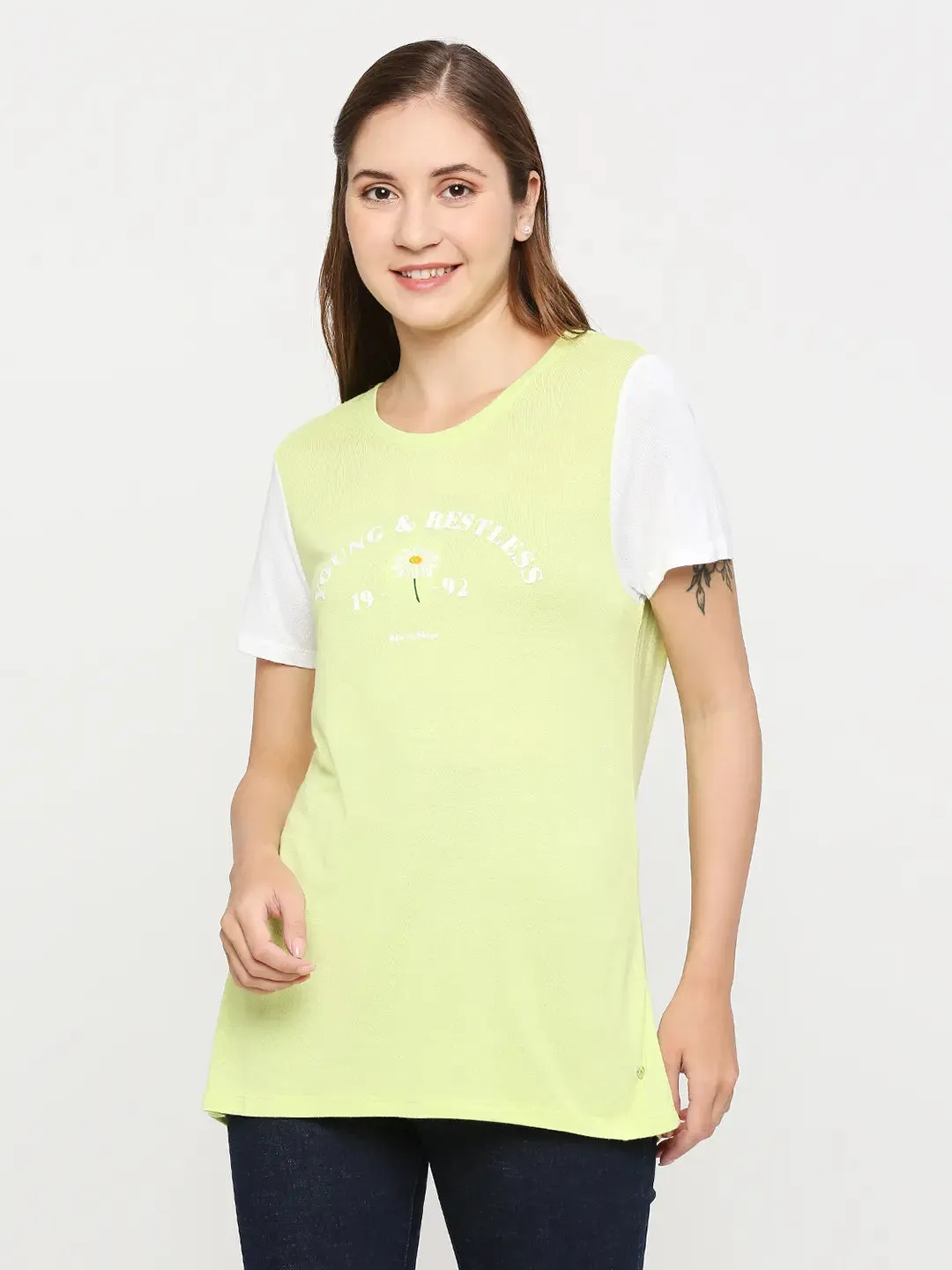 Spykar Women Pea Green Cotton Regular Fit Round Neck Printed T-Shirts