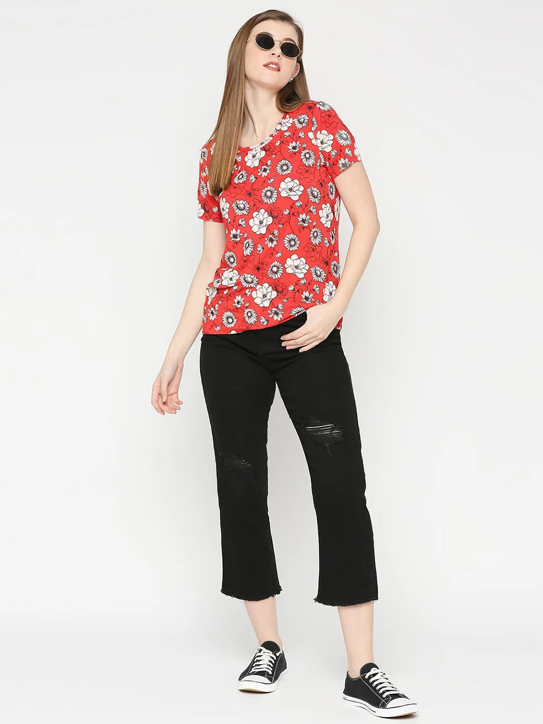 Spykar Women Red Blended Regular Fit Floral Print T-Shirts