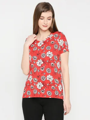 Spykar Women Red Blended Regular Fit Floral Print T-Shirts