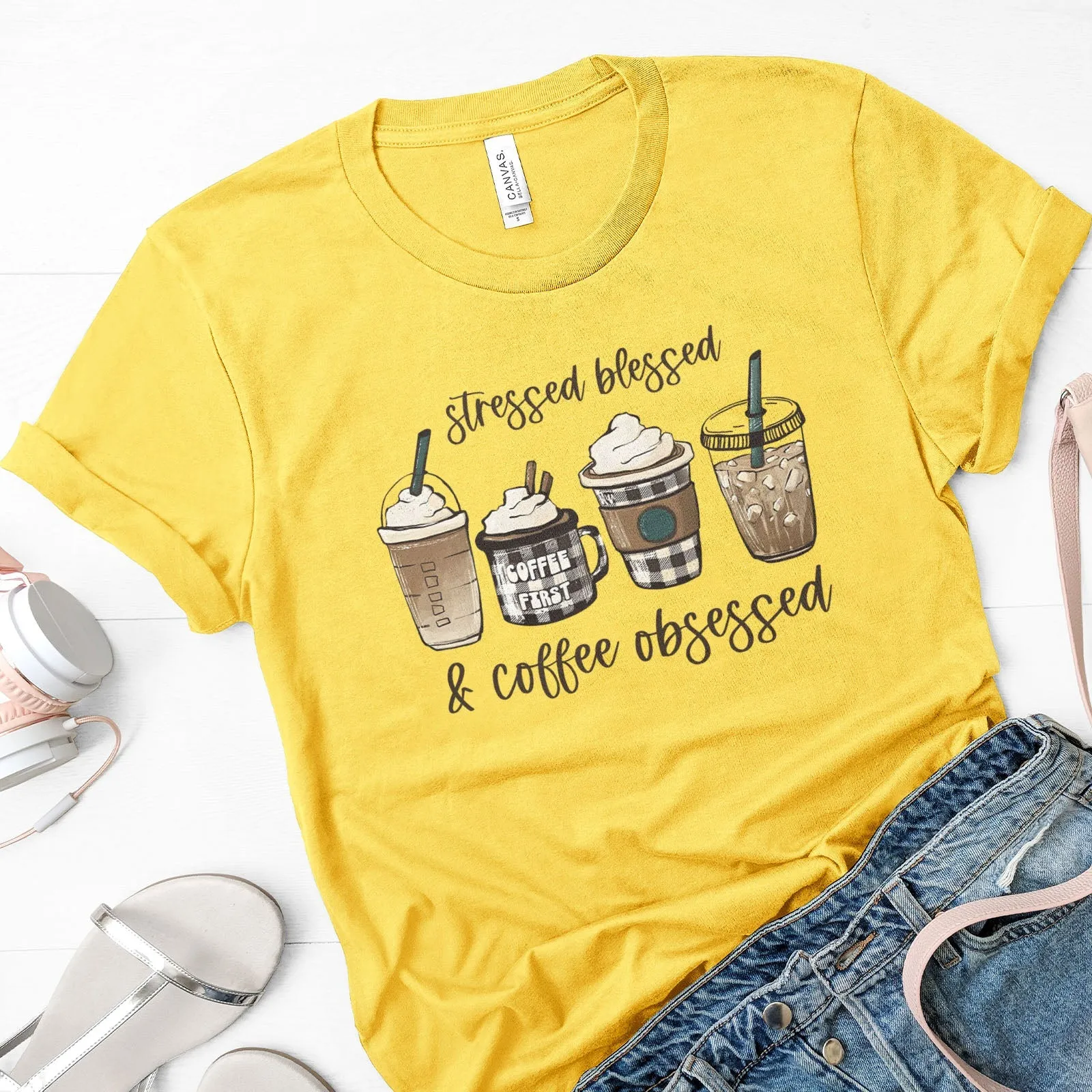 Stressed Blessed and Coffee Obsessed Tee Shirts For Women - Christian Shirts for Women - Religious Tee Shirts