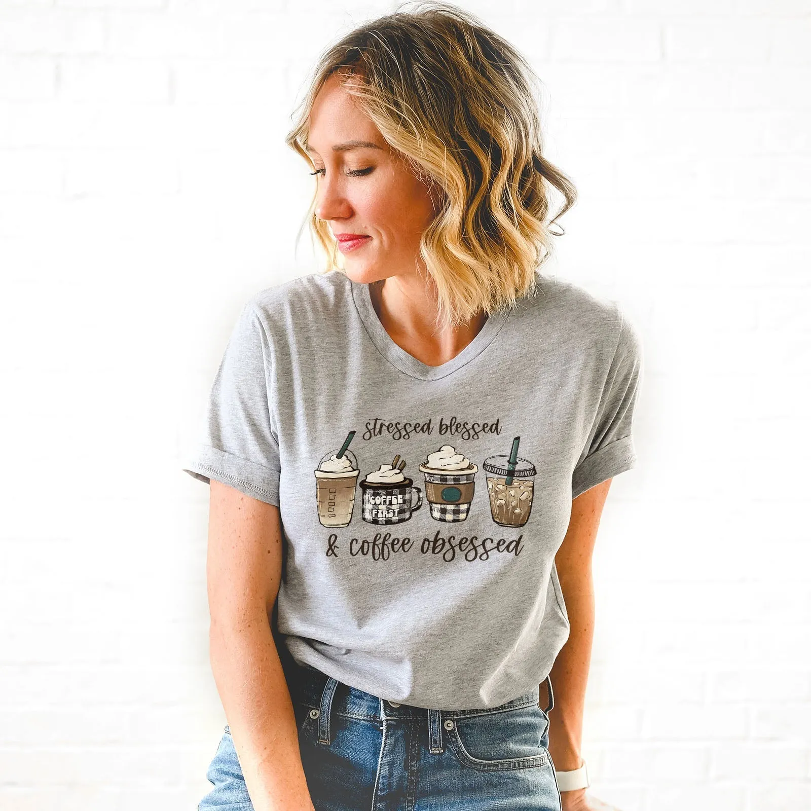 Stressed Blessed and Coffee Obsessed Tee Shirts For Women - Christian Shirts for Women - Religious Tee Shirts