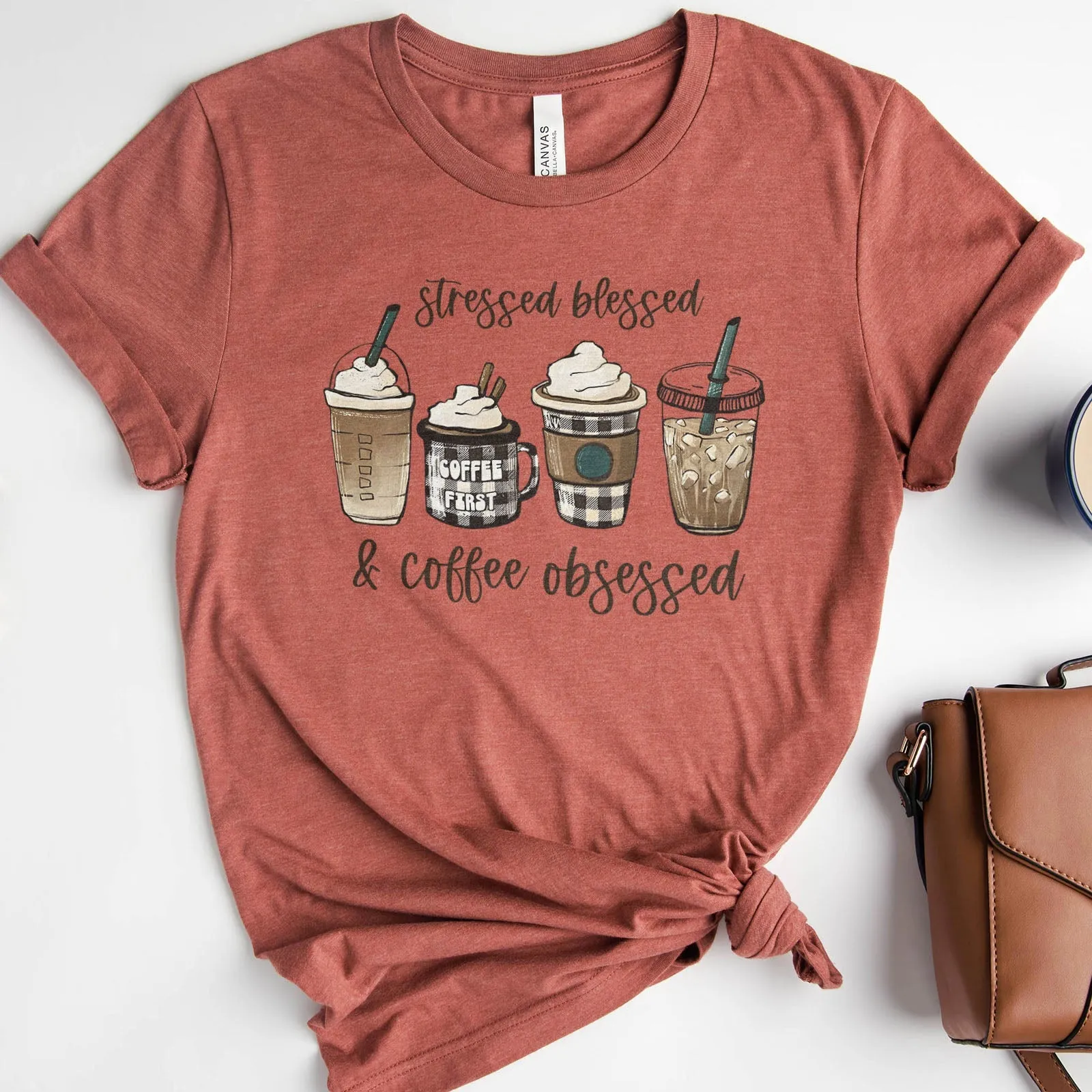 Stressed Blessed and Coffee Obsessed Tee Shirts For Women - Christian Shirts for Women - Religious Tee Shirts