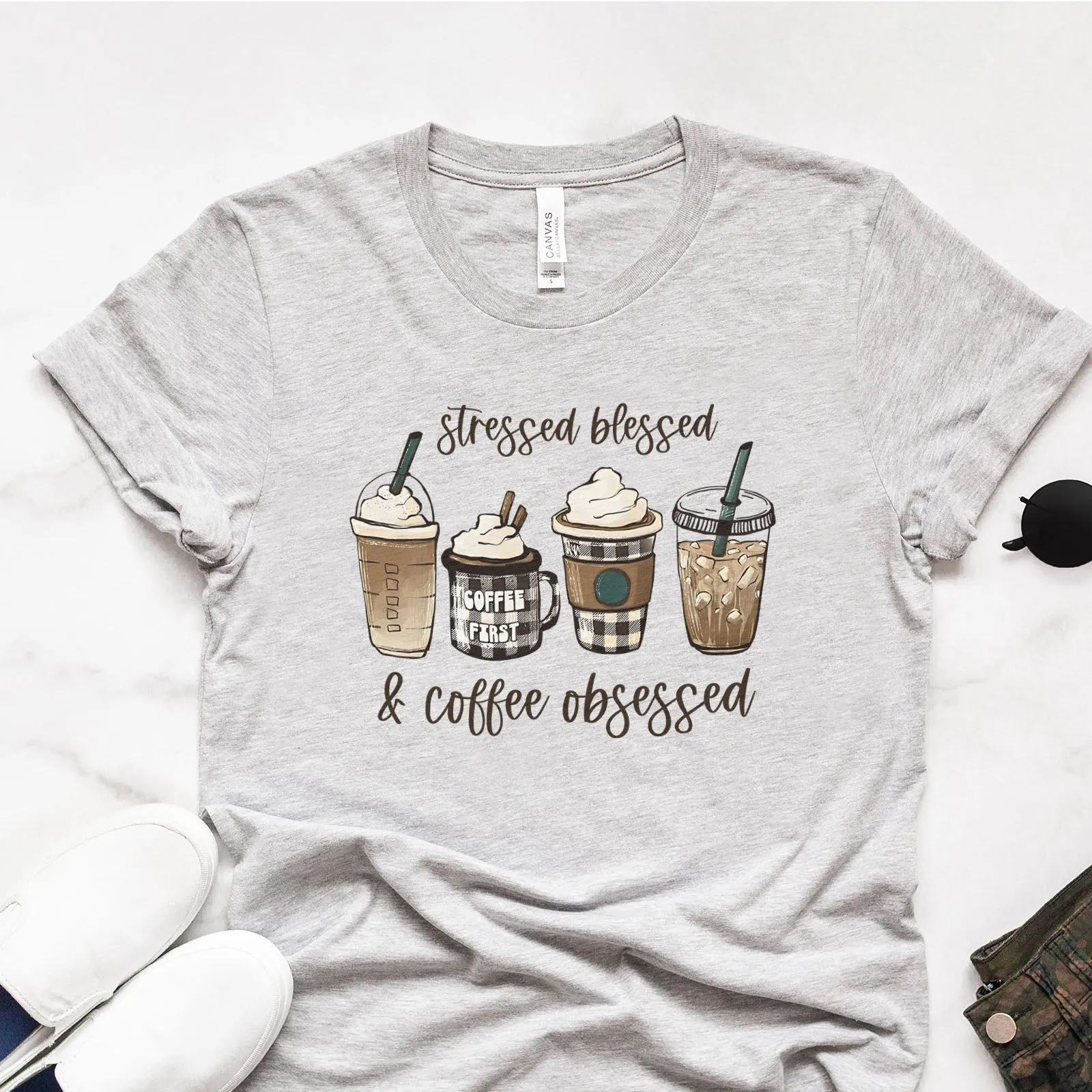 Stressed Blessed and Coffee Obsessed Tee Shirts For Women - Christian Shirts for Women - Religious Tee Shirts