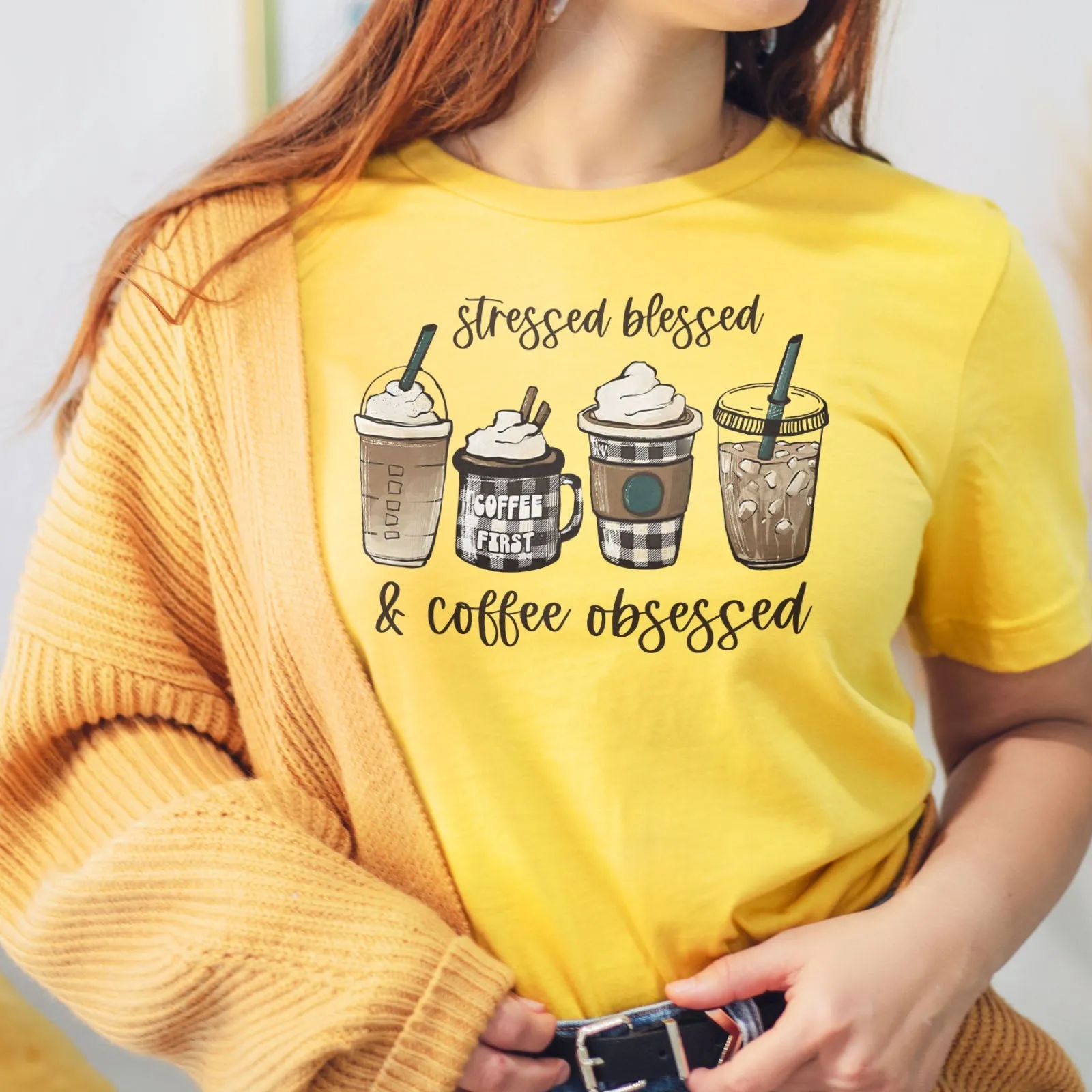 Stressed Blessed and Coffee Obsessed Tee Shirts For Women - Christian Shirts for Women - Religious Tee Shirts