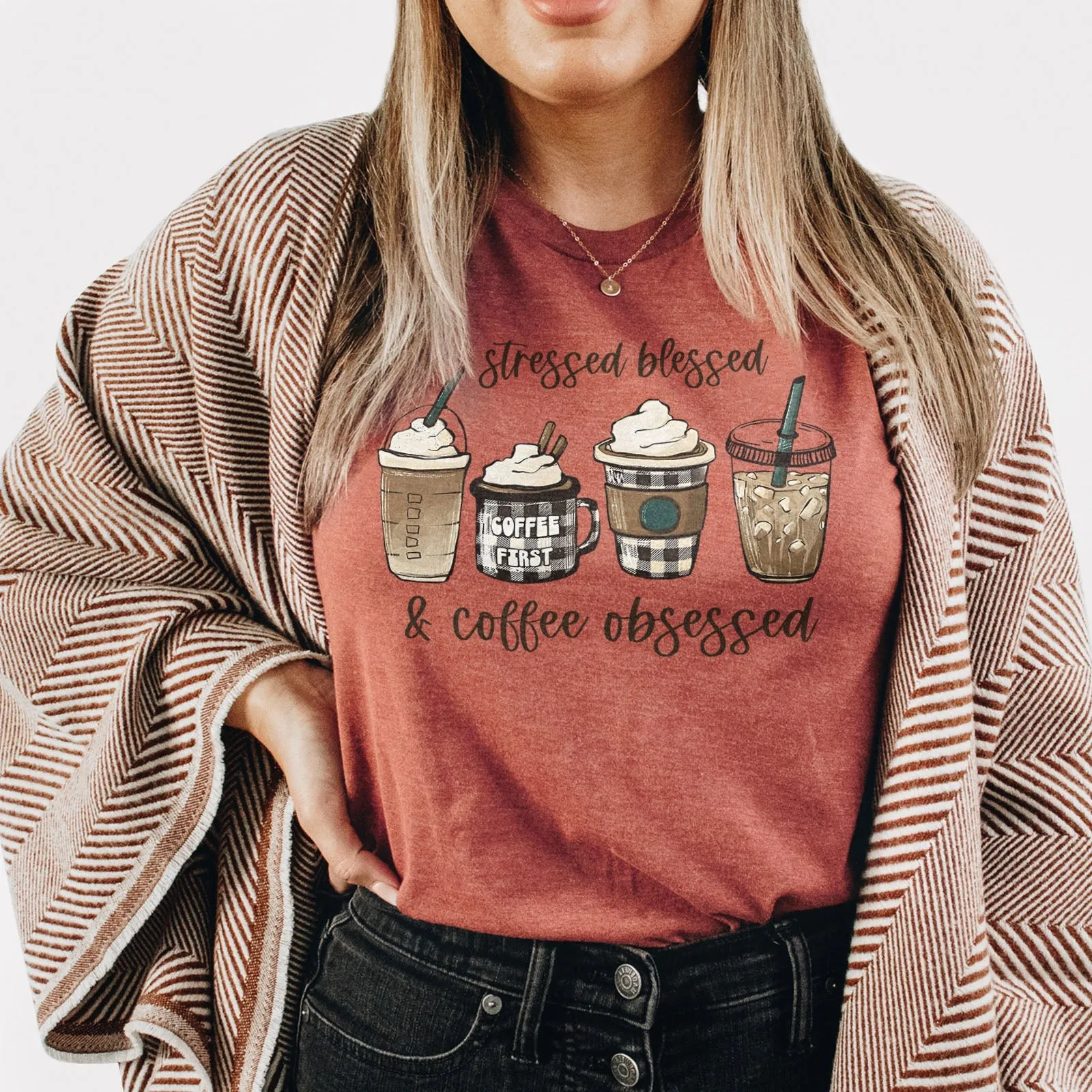 Stressed Blessed and Coffee Obsessed Tee Shirts For Women - Christian Shirts for Women - Religious Tee Shirts