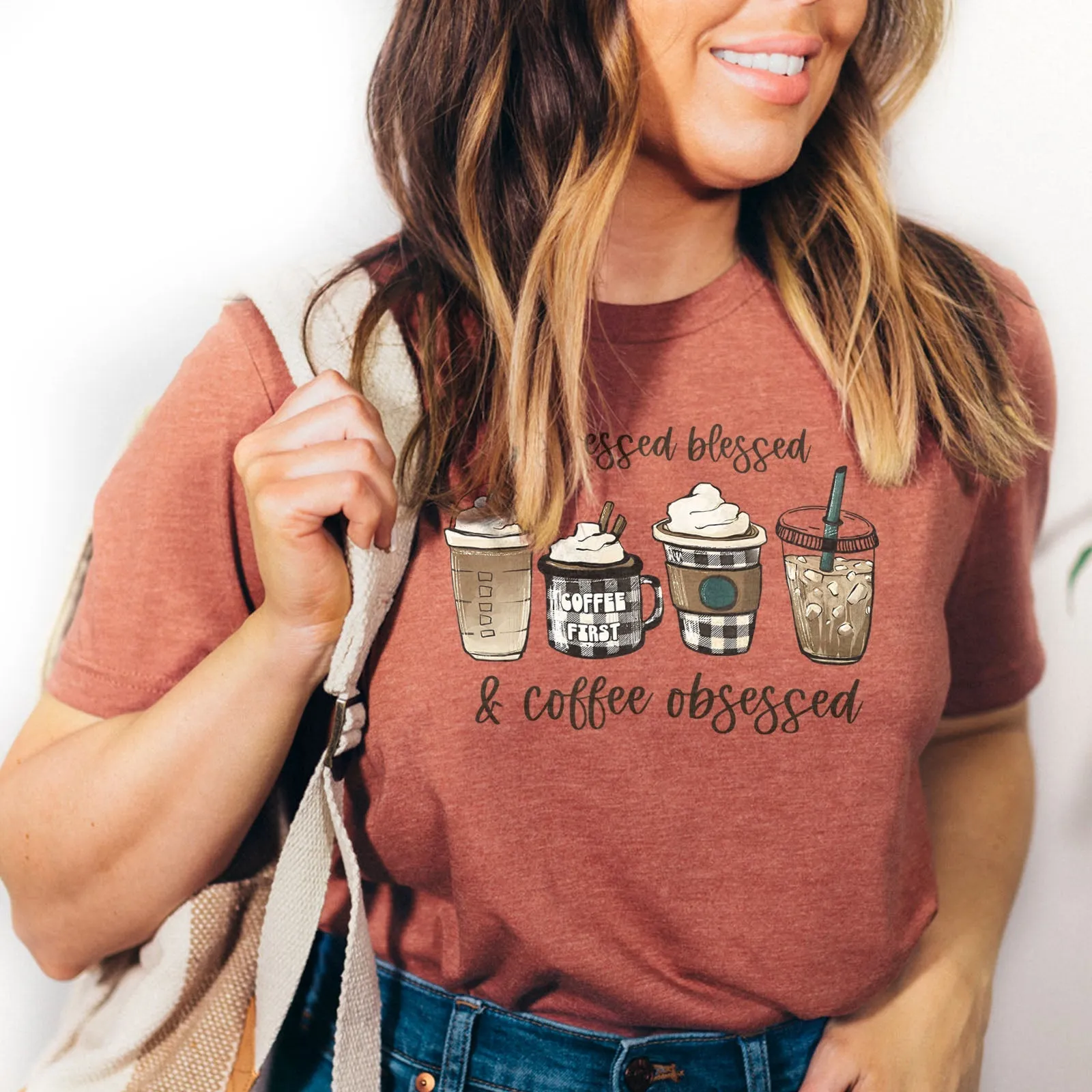 Stressed Blessed and Coffee Obsessed Tee Shirts For Women - Christian Shirts for Women - Religious Tee Shirts