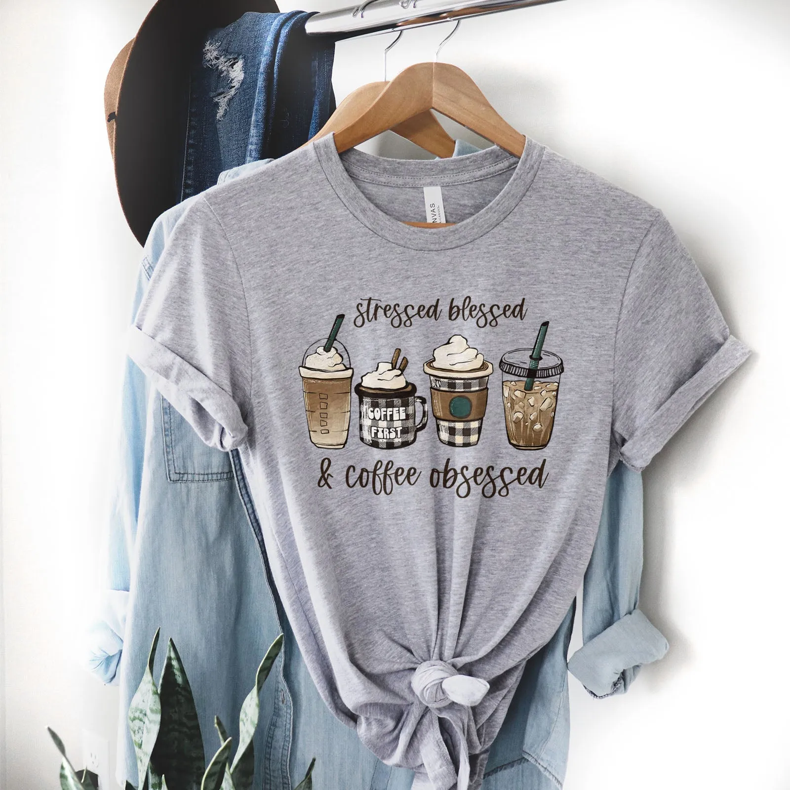 Stressed Blessed and Coffee Obsessed Tee Shirts For Women - Christian Shirts for Women - Religious Tee Shirts