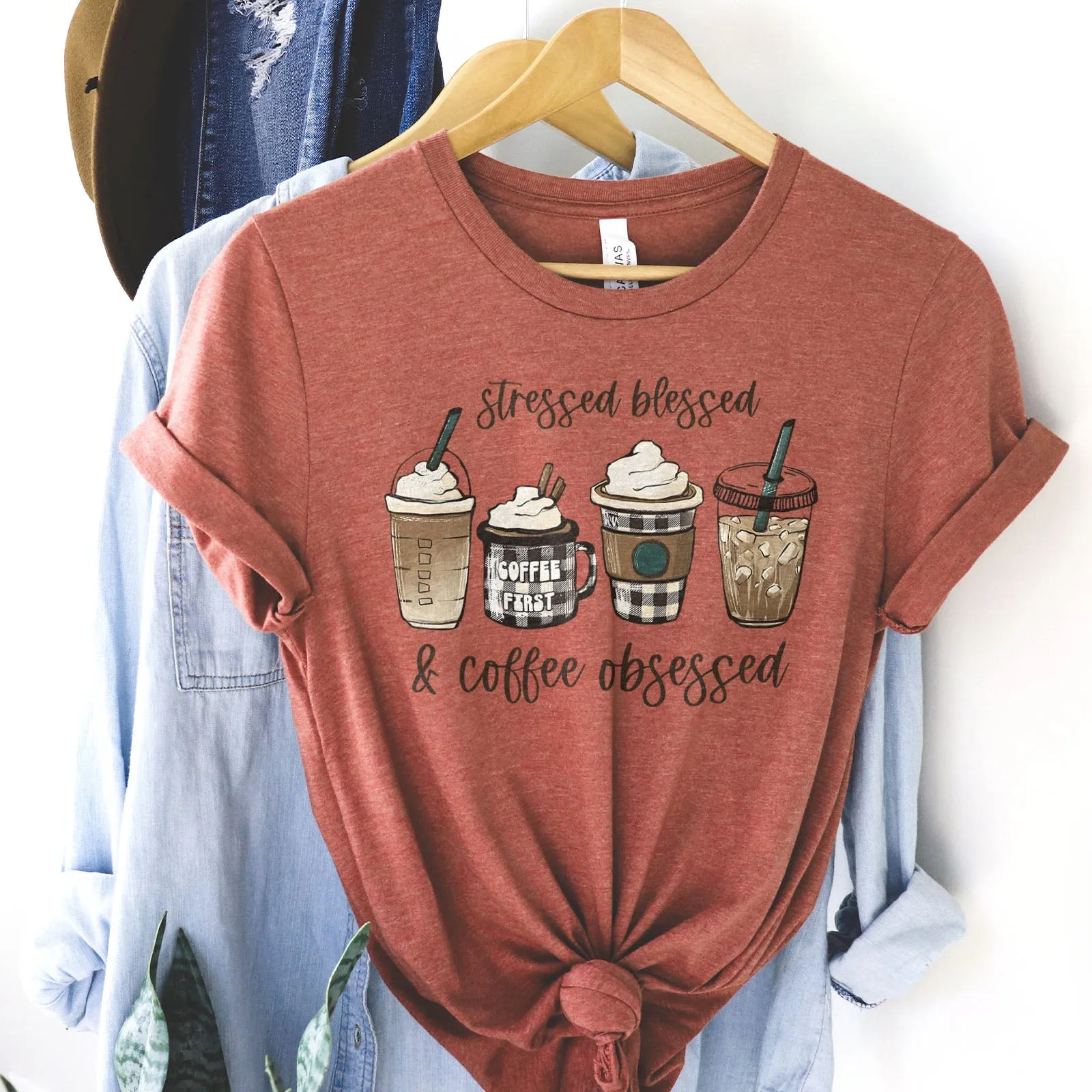 Stressed Blessed and Coffee Obsessed Tee Shirts For Women - Christian Shirts for Women - Religious Tee Shirts