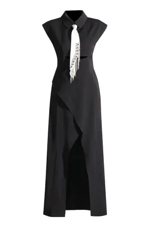 Stylish Collared Fringe Tie Cap Sleeve Cut Out Front Split Maxi Shirt Dress