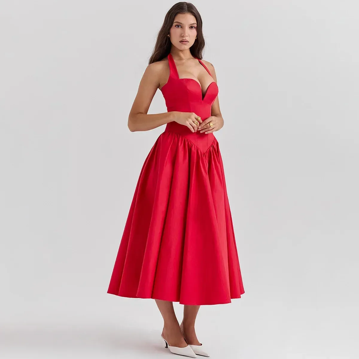 Summer Fit and Flare Halter Dress, Red Elegant Party Dresses, Sexy Long Casual Dress Women's Clothing