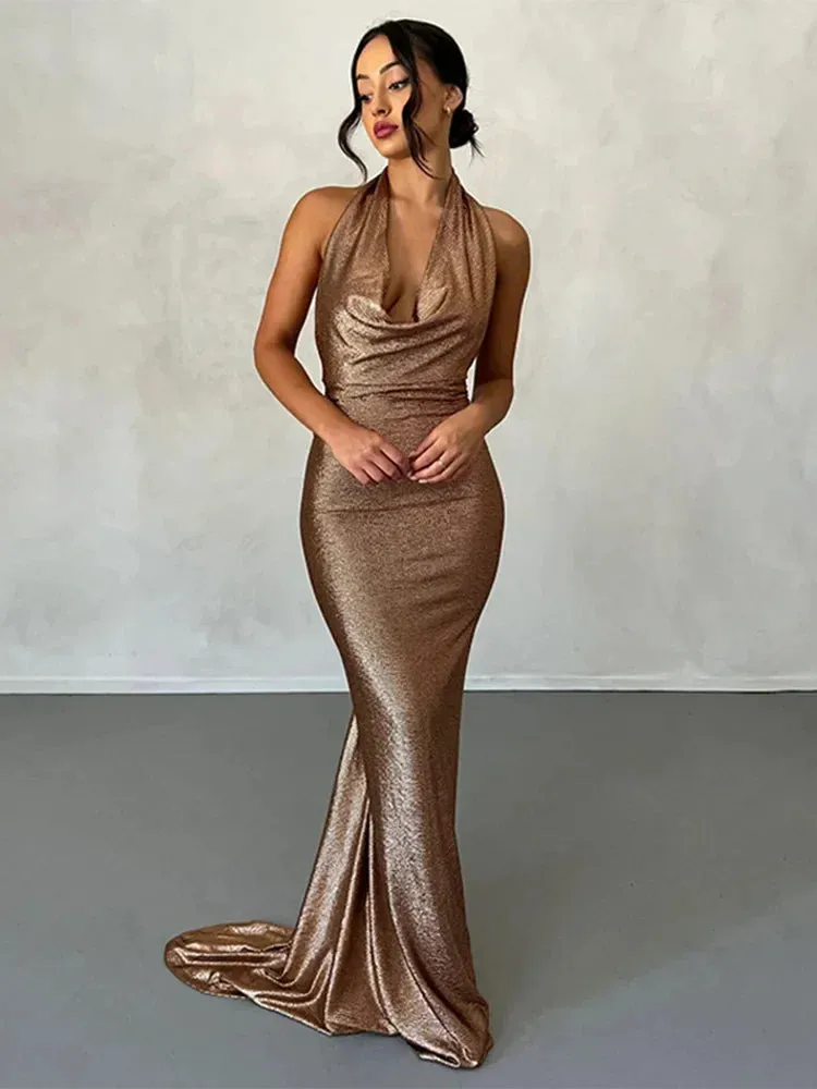 Temperament Slim Bodycon Mermaid Sexy Party Halter Backless Long Maxi Dress