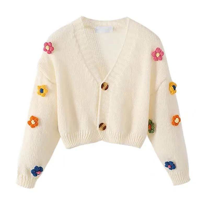 Toleet-Colourful Applique Flower Cardigan for Women Cute Long Sleeve V-neck Knit Crop Sweater Soft Girl Soft Knitwear Fairycore