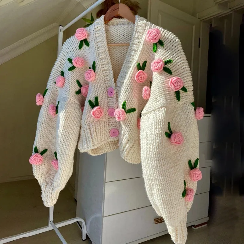 Toleet-Vintage Knitted Cardigan 3D Flowers Button Closure Long Sleeve Knitwear Jacket Coats Women Autumn Y2K Aesthetic Cottage Sweater