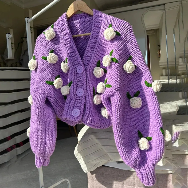 Toleet-Vintage Knitted Cardigan 3D Flowers Button Closure Long Sleeve Knitwear Jacket Coats Women Autumn Y2K Aesthetic Cottage Sweater