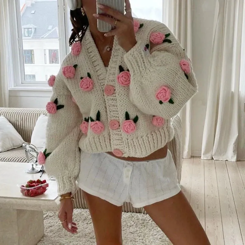 Toleet-Vintage Knitted Cardigan 3D Flowers Button Closure Long Sleeve Knitwear Jacket Coats Women Autumn Y2K Aesthetic Cottage Sweater