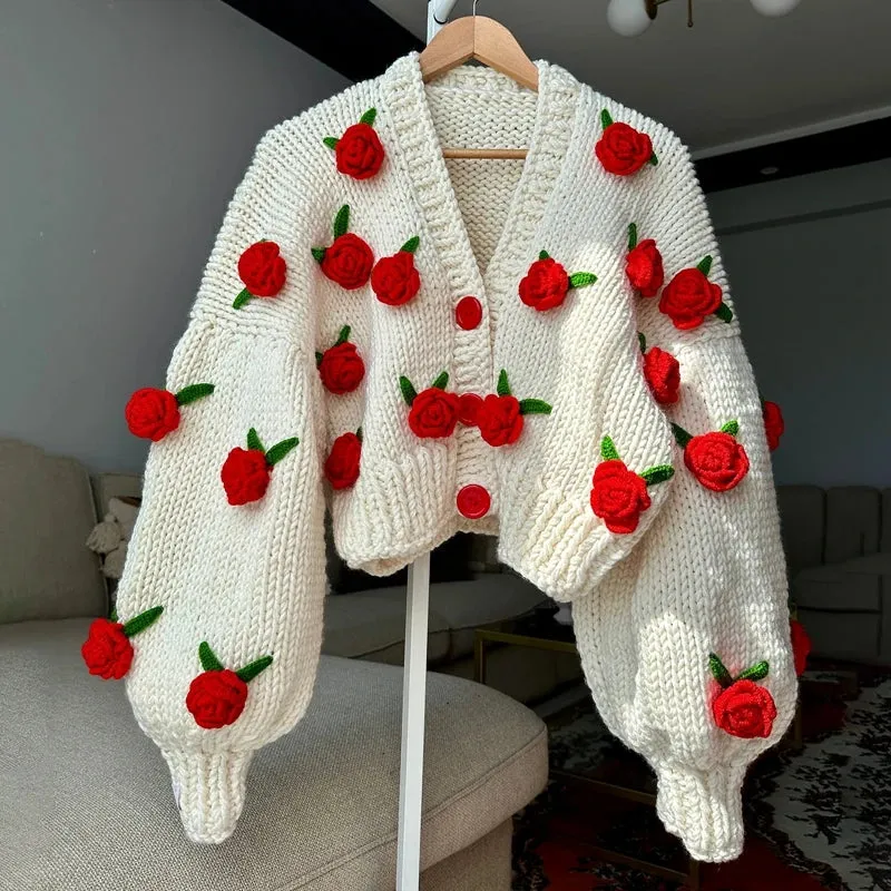 Toleet-Vintage Knitted Cardigan 3D Flowers Button Closure Long Sleeve Knitwear Jacket Coats Women Autumn Y2K Aesthetic Cottage Sweater