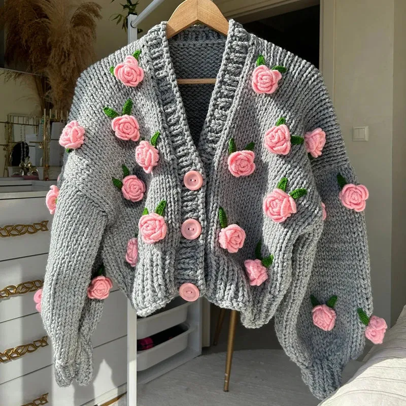 Toleet-Vintage Knitted Cardigan 3D Flowers Button Closure Long Sleeve Knitwear Jacket Coats Women Autumn Y2K Aesthetic Cottage Sweater