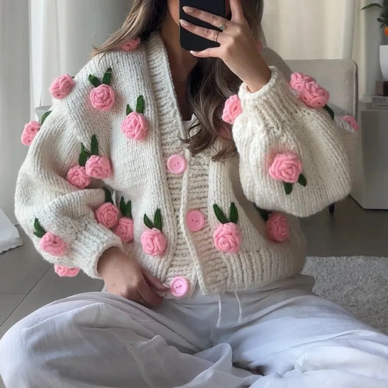 Toleet-Vintage Knitted Cardigan 3D Flowers Button Closure Long Sleeve Knitwear Jacket Coats Women Autumn Y2K Aesthetic Cottage Sweater